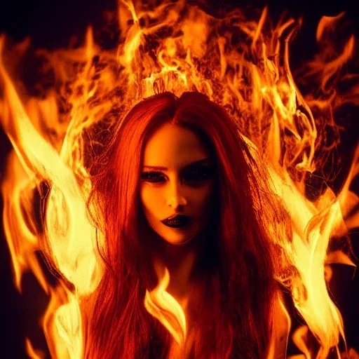 woman made of fire, succubus, fire clothes, full body portrait, long flowing hair, only wearing bikini made of fire, highly detailed, real life photo, photo quality, extremely detailed, high quality, standing in fire, highly detailed face with makeup