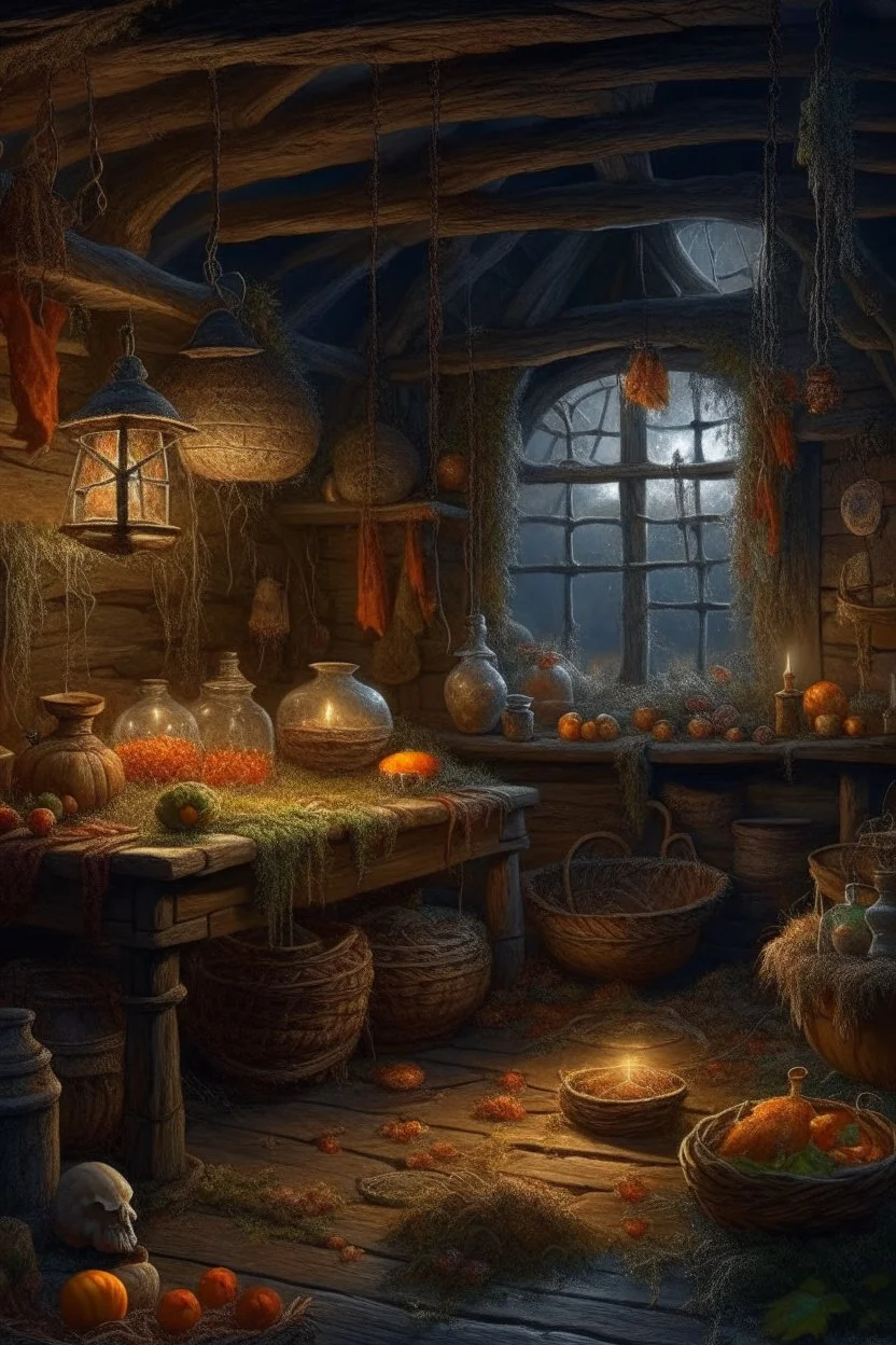 autumn landscape in the hut of a witch in a hat brews a potion+glass jars+basket+ +dried flowers+wildflowers+moss++decoupage of flowers+embroidery technique+braided beads+vine+moonlit night,fabulous landscape,surrealism,realism,naturalism,dot technique,microdetalization,high detail objects,digital illustration,volumetric clarity,dark fantasy,dark botanical.