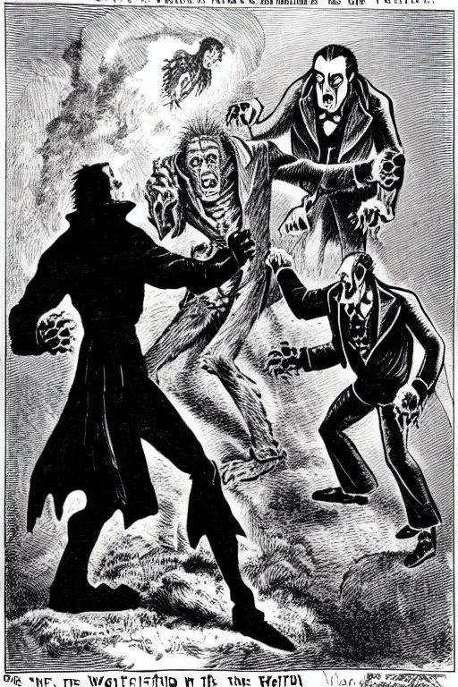 Frankenstein monster and the wolfman fighting each other as Dracula stands by and watches