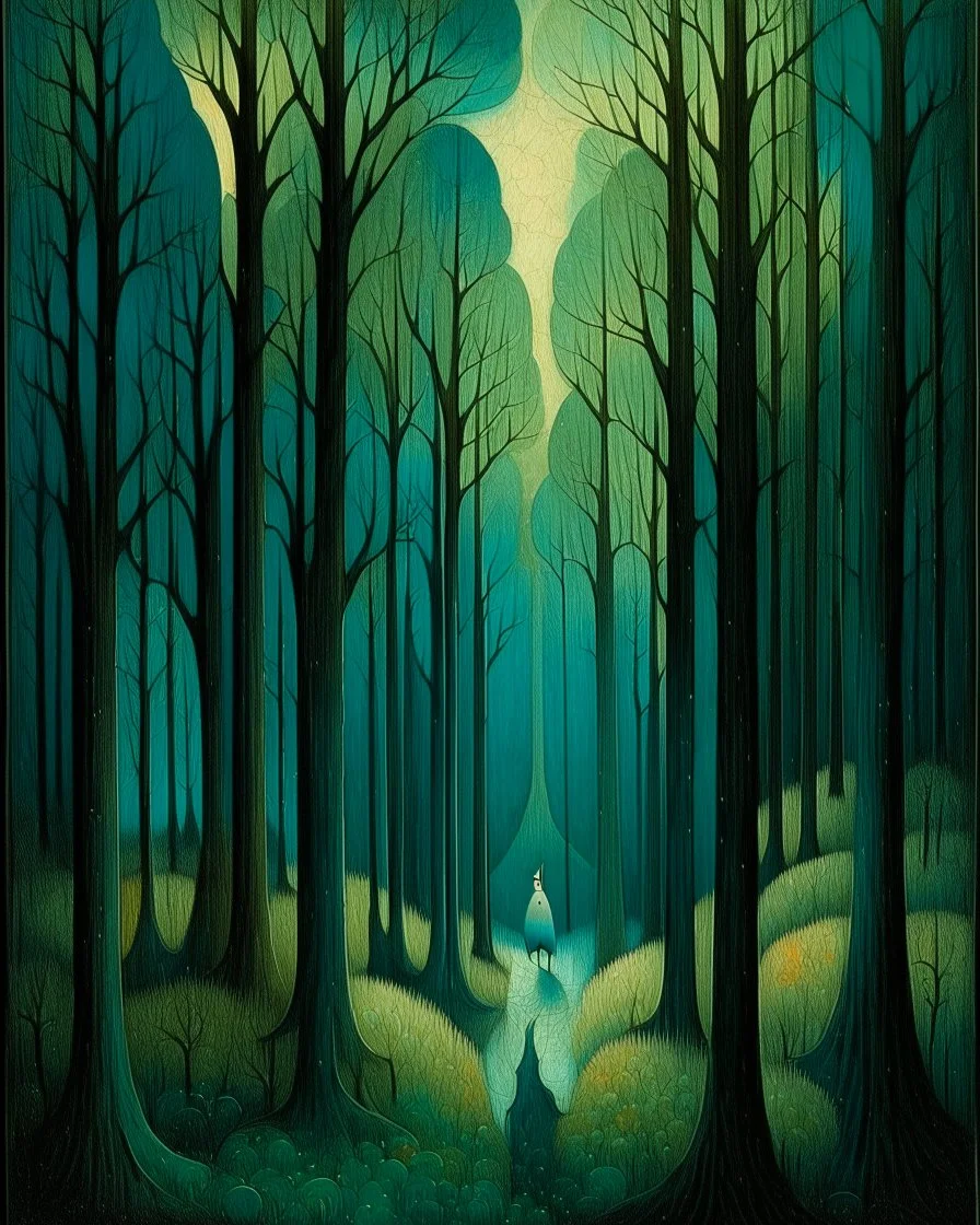 A blackish teal forest with a fairy kingdom painted by Georges Seurat