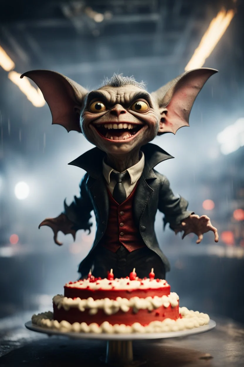 portrait of happy gremlin bat vampire standing in a mega cake on a speeding locomotive in a wind tunnel birthday party in a storm cloud, in the style of a fallout 4,bokeh like f/0.8, tilt-shift lens 8k, high detail, smooth render, down-light, unreal engine, prize winning