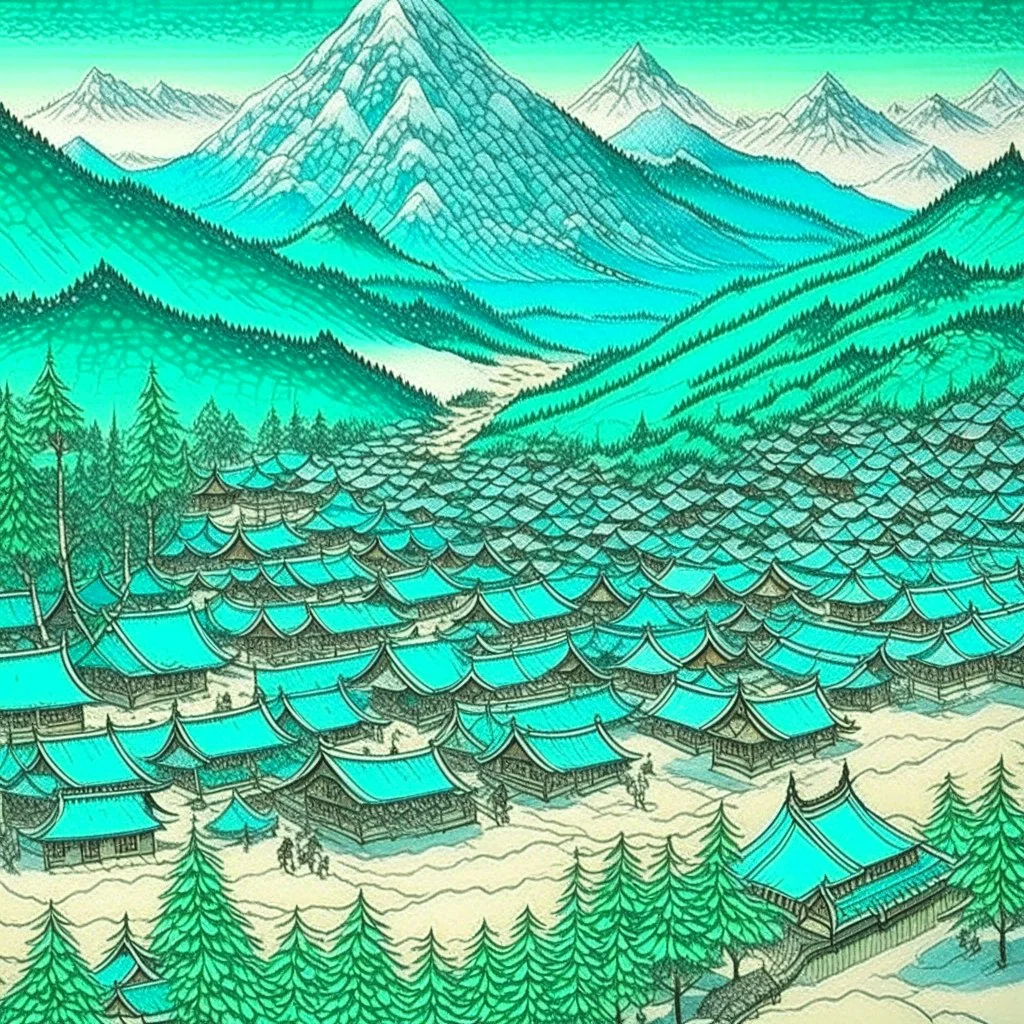 A mint colored village made out of diamonds painted by Utagawa Hiroshige