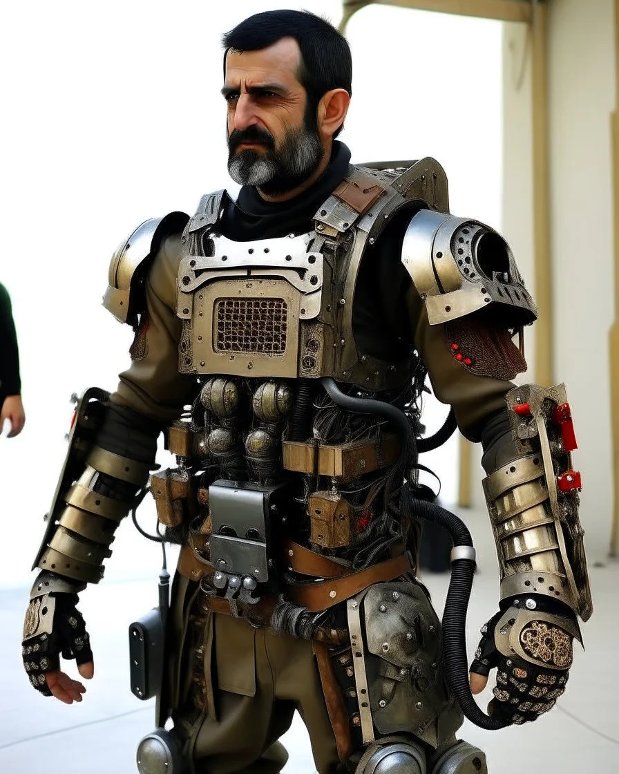 A brave iranian warrior with leather and metal combat clothes robotic metal with Chafee