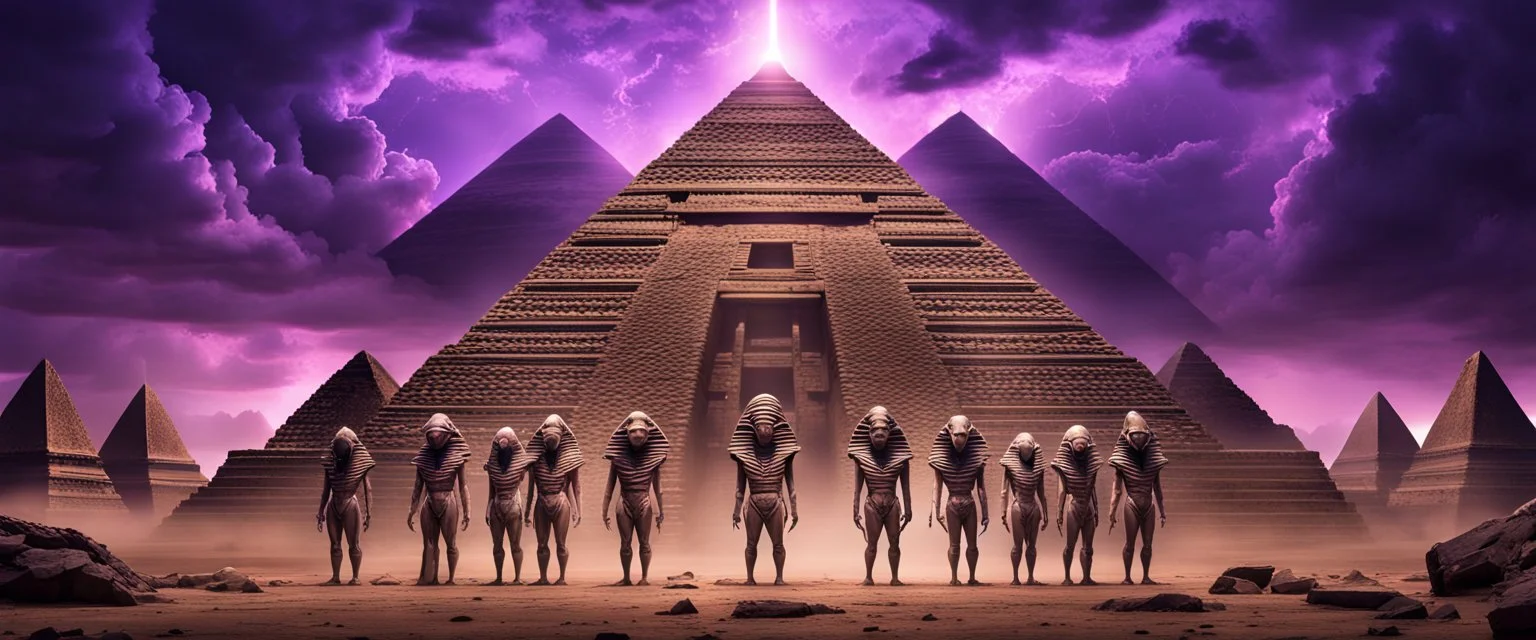 Hyper Realistic 5 Alien-Pharaohs guarding a prehistoric-pyramid with their galactic-weapons in-perfect-symmetrical-order & ancient ruins behind them with purple-cloudy-sky at dark-heavy-rainy-night giving dramatic & cinematic ambiance