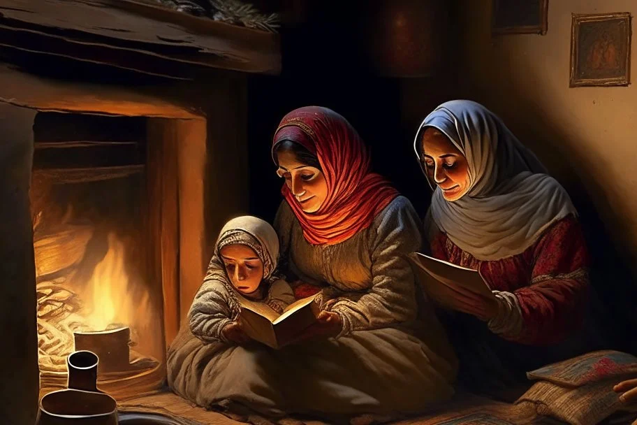 A close-up scene of an Arab mother reading the story from a book with her children around her in the room of the old wooden house near the fireplace 100 years ago.