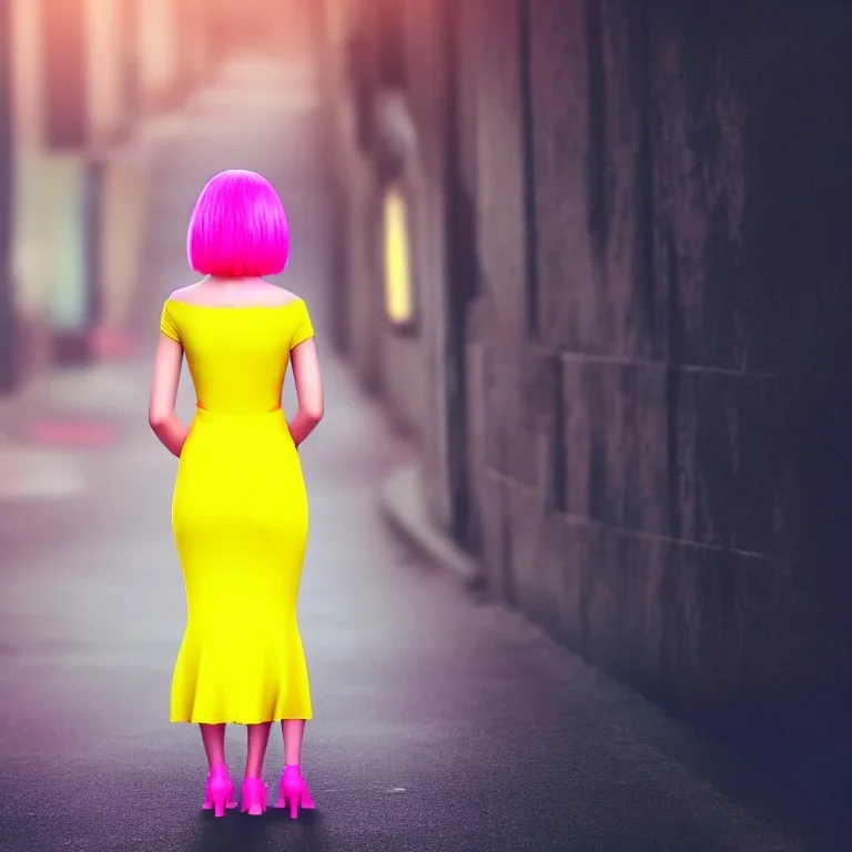 Beautiful lonely girl who walks along a street without people at dawn. You see her from behind. She wears very short yellow dress. She has short pink hair with glowing crystals. Full body, 8k resolution concept art. Professional Photo HD. Stylish. Warm vivid colors. Panoramic