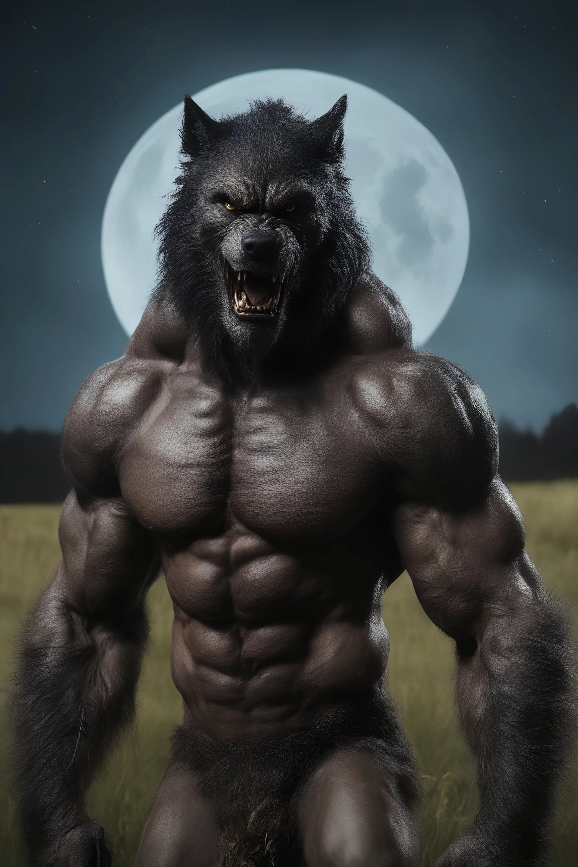 an extremely muscular, and scary looking werewolf in a field, Extreme reality, photorealistic, realistic, lifelike, Absolute reality, Botany, Starry, Moon lit, Retro Pop, Dark Fantasy, Horror, Festive, Realistic - 32k, UHD, professional quality, 8 x 10 digital photograph