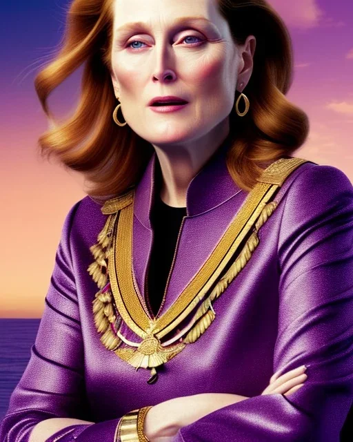 beautiful portrait of a plum merryl streep, julianne moore, with a sailship in the background, , rim light, vibrant moody colors, plain background, soft lighting, unreal engine