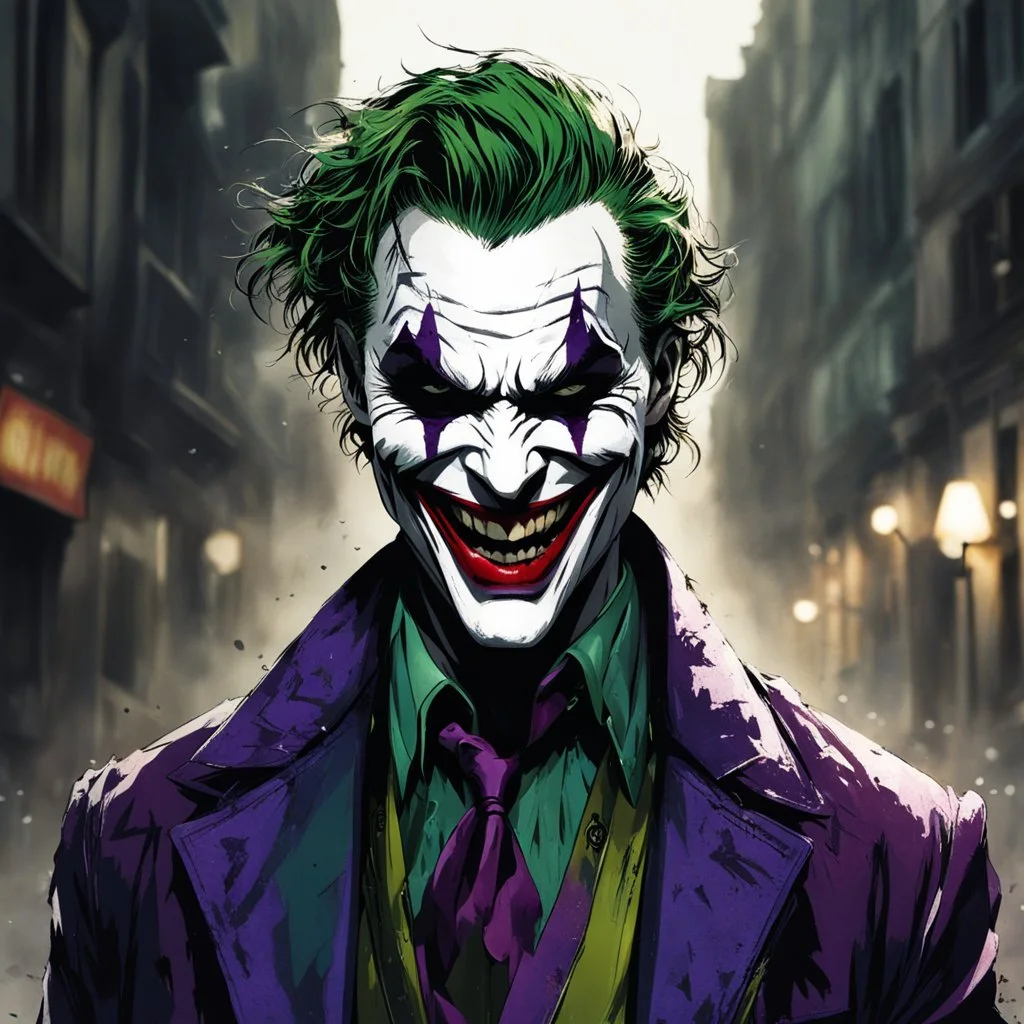 DEhybrid of (the joker:carnage:0. 1), sharp fangs, wide grin, grungy background street, moody lighting, shadows on left, torn jacket