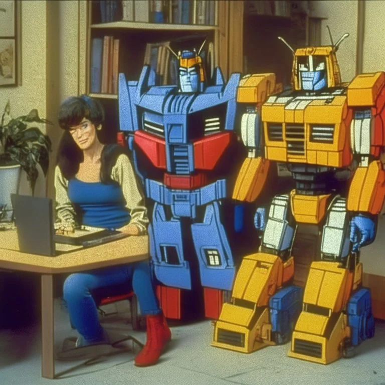 Optimus prime, bumblebee and ratchet at the office, 1990 sitcom style tv show.