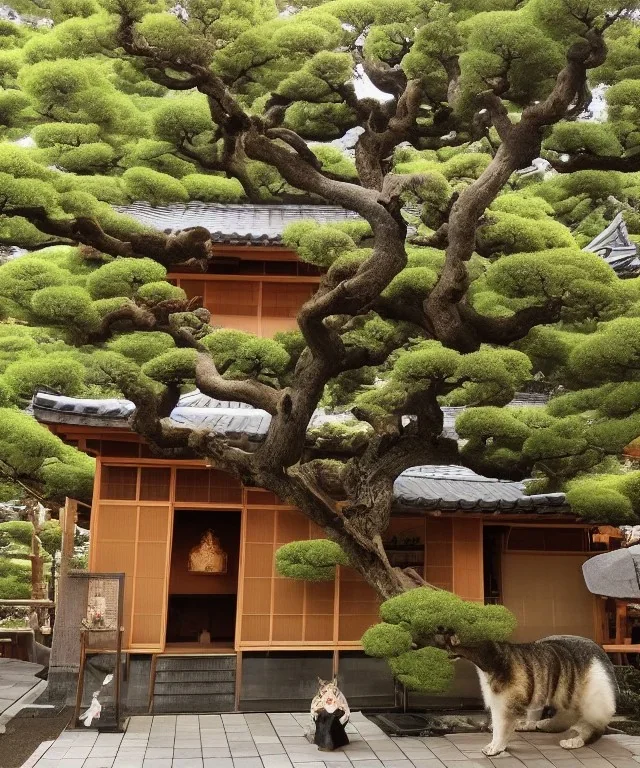 Japanese tea house with a large cat statue in outer space with a nebula backdrop and otherworldly trees