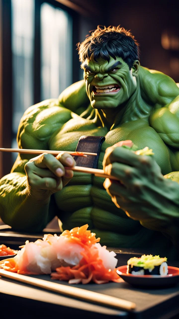 a hulk eating sushi with chopsticks, quality, full, beautiful light, raw photo, 8K UHD, police