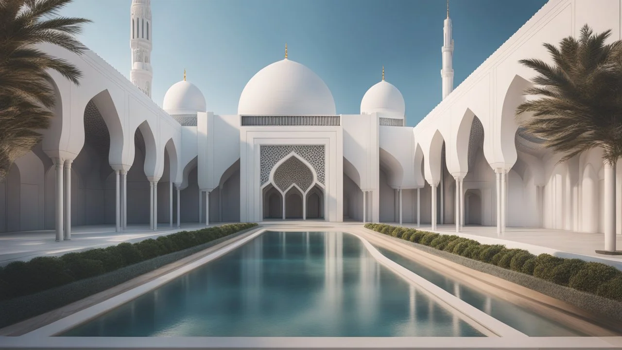 A stunning futuristic mosque that seamlessly blends cutting-edge architectural design with traditional Islamic elements. Ornate, minimal, modern, devout, safe, oustanding architecture, trending on Artstation, professional photograph, 28mm lens