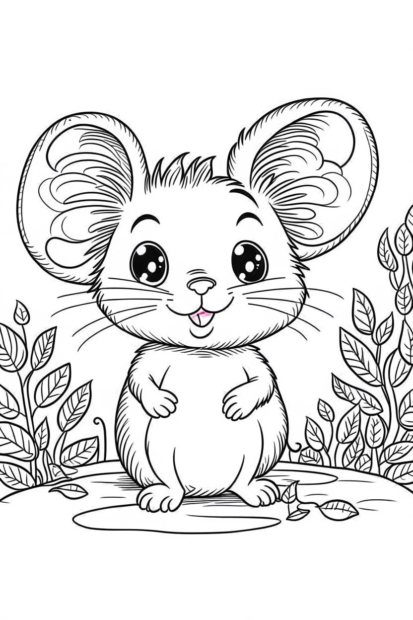 cute coloring page, sketch style, cute baby mouse in the wood, cute cartoon, white and black, withe background, no shadows, outline.