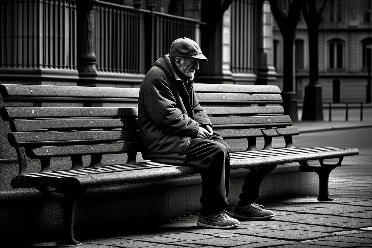 man sitting on a bench in the street, real photography