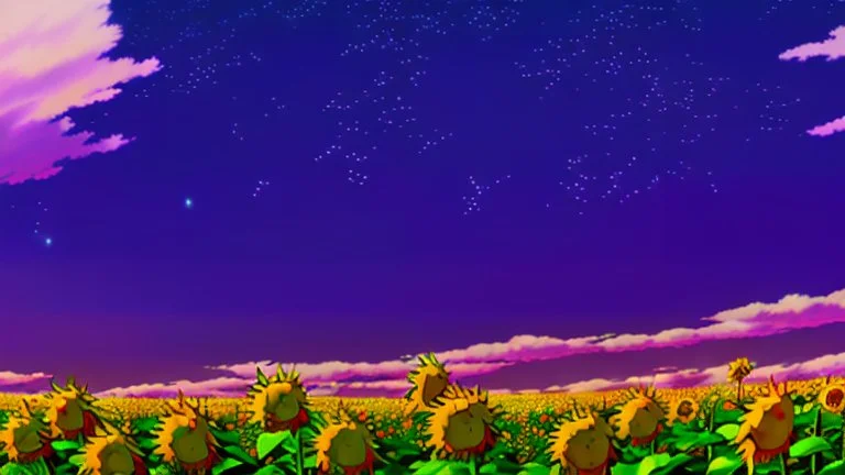 purple sky full of stars, sunflower field, anime, high res, makoto shinkai
