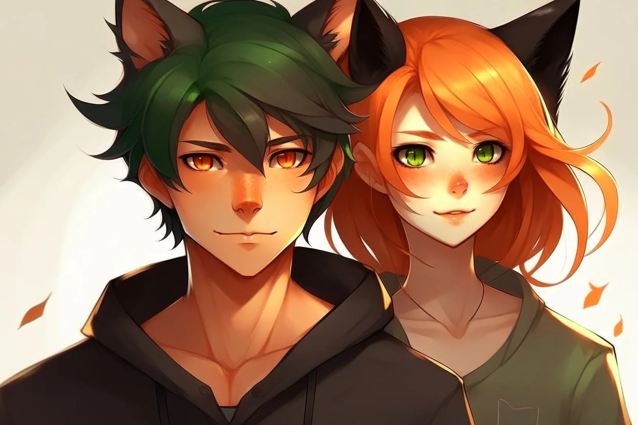 A young adult male with messy black hair, gold eyes, black cat ears, realistic, slight smile standing with a young adult female with short red hair, dark green eyes, large orange fox ears on top of her head, slight smile, pale skin, realistic