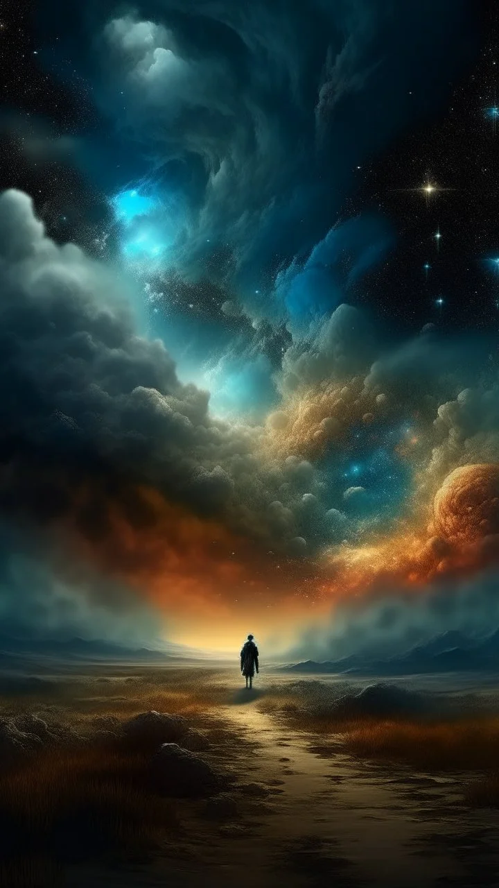 A journey Back in stone age through a digital light in the parallel universe among the galaxies and the stars a big clouds of gas covering the sky from a distance Busch painting style nightmare