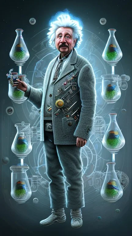 Albert Einstein, detailed and intricate calligraphy ink painting of a "cyborg Mad Scientist" holding beakers, outer space Background cosmic fractals, dystopian, concept art, unreal engine 5, god rays, ray tracing, RTX, lumen lighting, ultra detail, volumetric lighting, 3d, finely drawn, high definition, high resolution. award-winning: professional portrait: atmospheric: commanding: fantastical: clarity: 16k: ultra quality: striking: brilliance: stunning colors: amazing depth: masterfully crafted