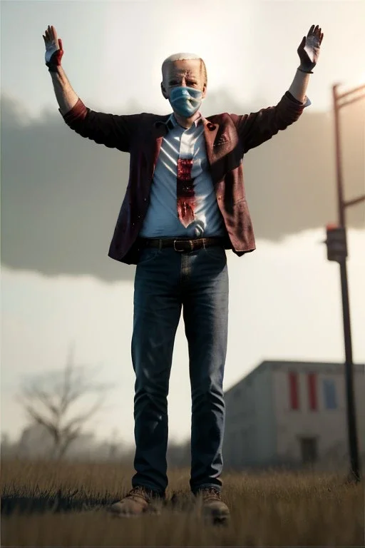 realistic image, joe biden zombie, arms raised halfway up, arm cut and bleeding, amputated leg, night, walking with a limp, waist up view, dark ambient, highly detailed, sky background, concept art, unreal engine 5, god rays, ray tracing, RTX, lumen lighting, ultra detail, volumetric lighting, 3d, finely drawn, high definition, high resolution.