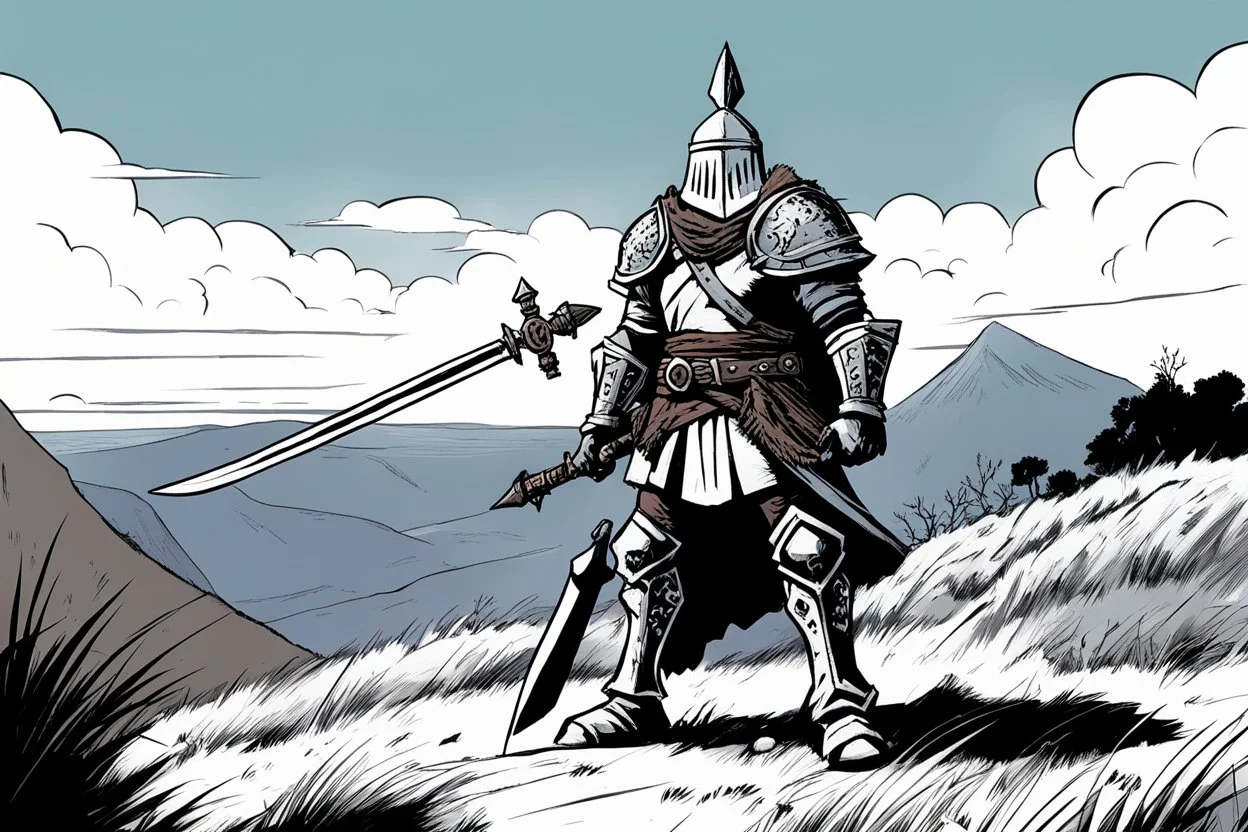 Bone Helm wait with his flail and his sword on the top of the hill (Based of the comic book Head Lopper & The Crimson Tower By Andrew Maclean with Jordie Bellaire)