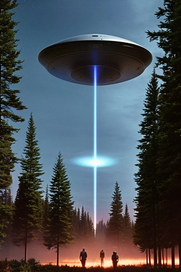 year is 1966 (a bunch of school kids) see ufo flying over tall pine trees, concept art, by Asaf Hanuka, by Weta Digital, Electric Colors, Screen Space Global Illumination, in a symbolic and meaningful style, the craft has flat bottom,3 large lights underneath ufo glow with intense fury,