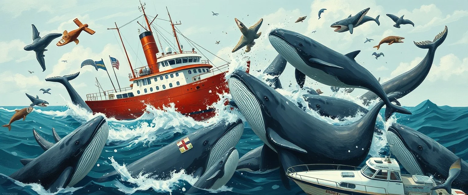 collisions, aggression, ship hitting animals, animals interacting with vehicles, whales near boats, overlapping subjects, chaotic composition, distortion, surreal behavior, violence, confusion, merged objects, cartoon, painting, low realism, watermark, text