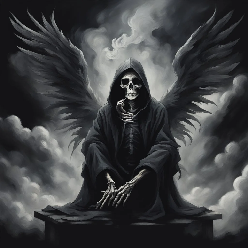 person sitting on a dark background. The dominant colors are black and gray, which give the scene an ominous and mysterious character. The person has their face turned upwards and blows cigarette smoke from their mouth, which enhances the impression of intrigue. It depicts a figure with wings emerging from its back, as if transforming into some supernatural creature. a hooded skeleton can be seen behind the clouds of smoke. he holds a scythe in one hand and a touch person in the other