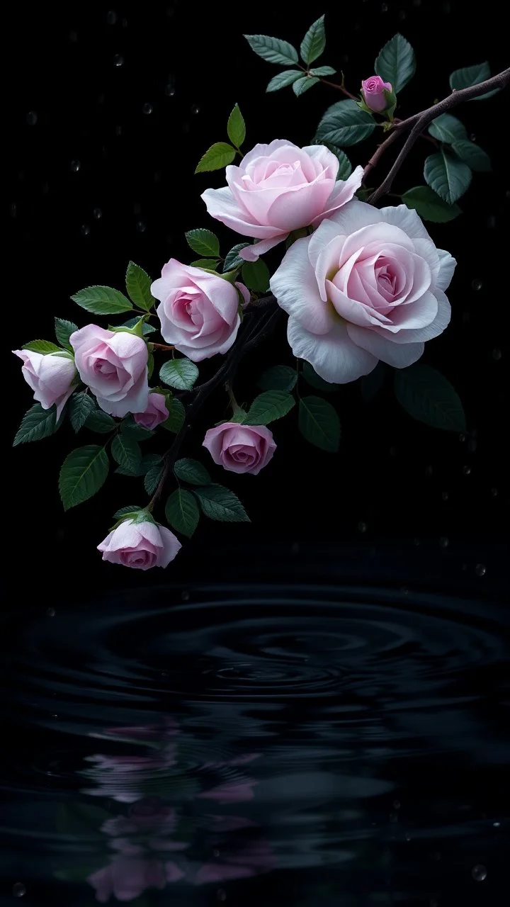 The image is a digital artwork that depicts a branch of tree of Purple roses and leaves tangling in to a water in the river with aThe rose floats on the surface of the water, creating a wave-like effect. The background is black, which makes a branch of a tree of white roses stand out even more. Water droplets are scattered adding to the dreamy, ethereal quality of the image. The a