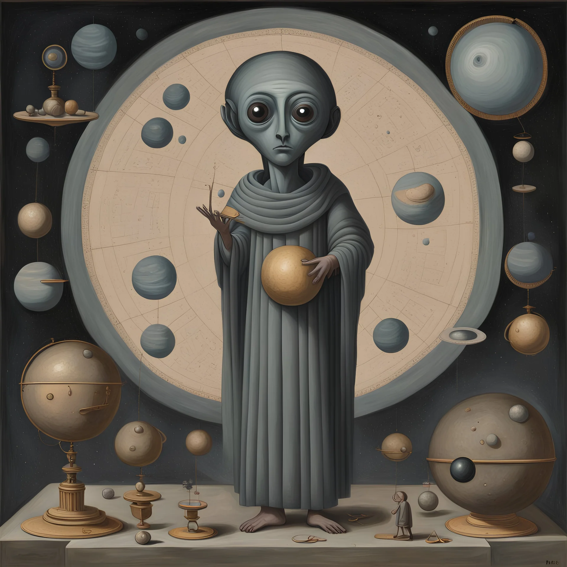 A semi-abstract, minimalist oil painting of Ptolemy and Regiomontanus, surrounded by celestial globes, astrolabes, and ancient tomes. A grey alien with large, black eyes and a curious expression stands beside them. The paint is applied in thick layers on the canvas. The color scheme is sober.