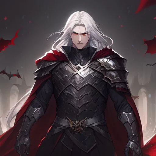 Vampire knight, young man, handsome, long white hair, black full plate armor, red cape