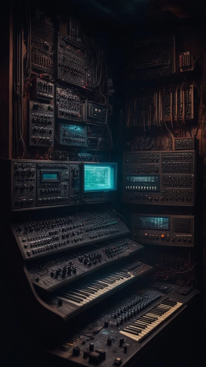 Si-Fi, The permanent under atmospheric lighting effects, a whole wall filled with synthesizers and electronic devises . intricate historical moody atmosphere, eerie grimdark ambiance, complex motherboard accents, speculative fiction art. Bokeh