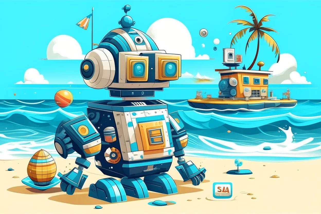 cool fun beach brand beach wear random design seaside robots abstract objects machines like havana brand full page like basqiat