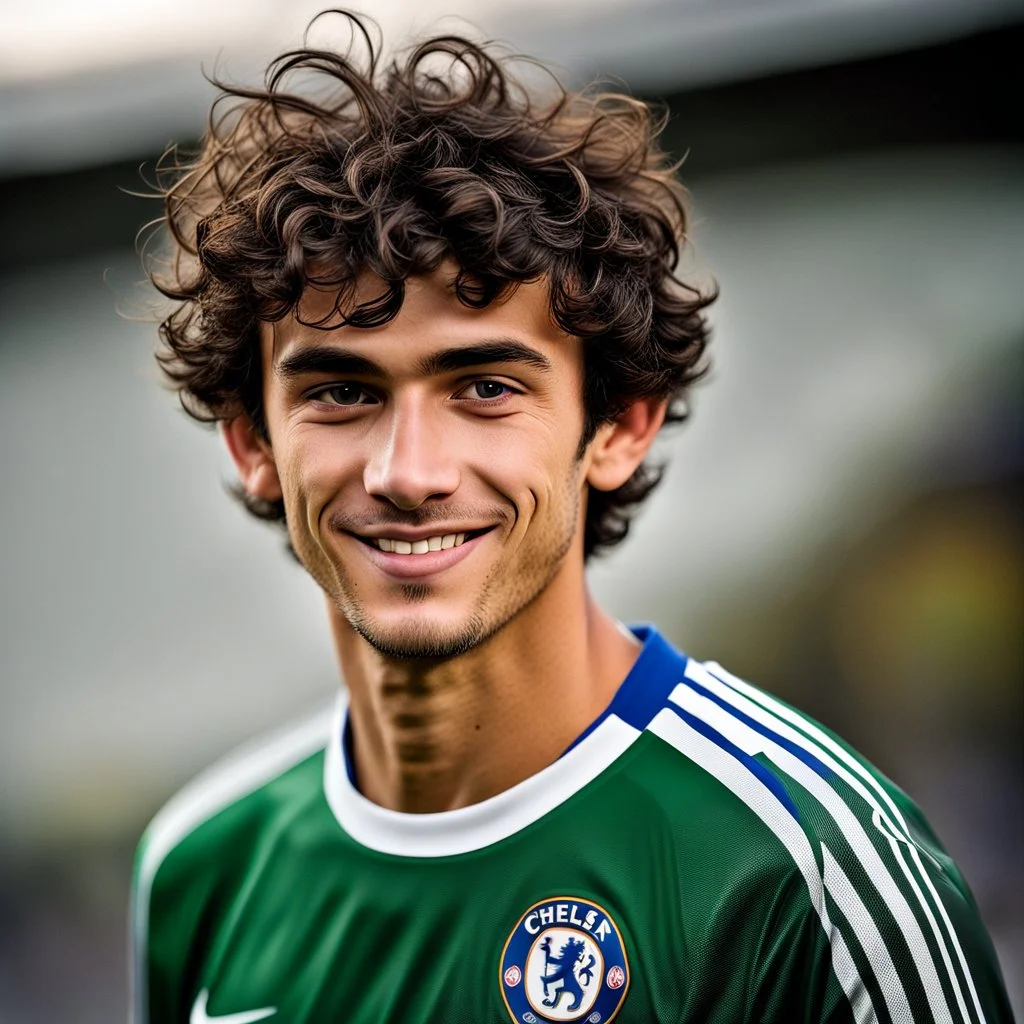 85mm DSLR color photography of a very detailed headshot fitting all of head and hair in frame. 20-year-old Uruguayan soccer player, and with no facial hair and has no facial hair, has short and black hair with a small smile, grey background is in a Chelsea fc shirt