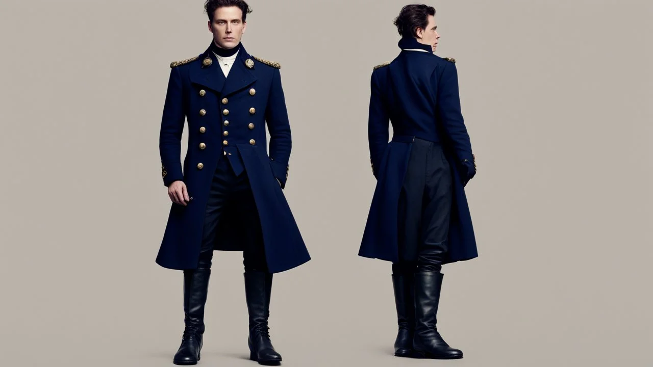 На нем была классическая морская форма - темно-синий тусклого оттенка камзол с металлическими пуговицами, черные кожаные сапоги доходящие чуть выше колен, кожаные брюки заправленные в сапоги,
