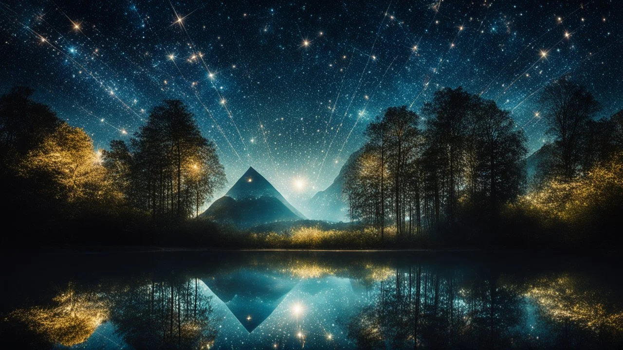 geometric montage, relaxation, luxury, parabolic dream world, night, darkness, fireflies, enchanted, calm beauty, symmetry, crystalline fantasy world, magic, beautiful composition, exquisite detail, unusual, 80mm lens