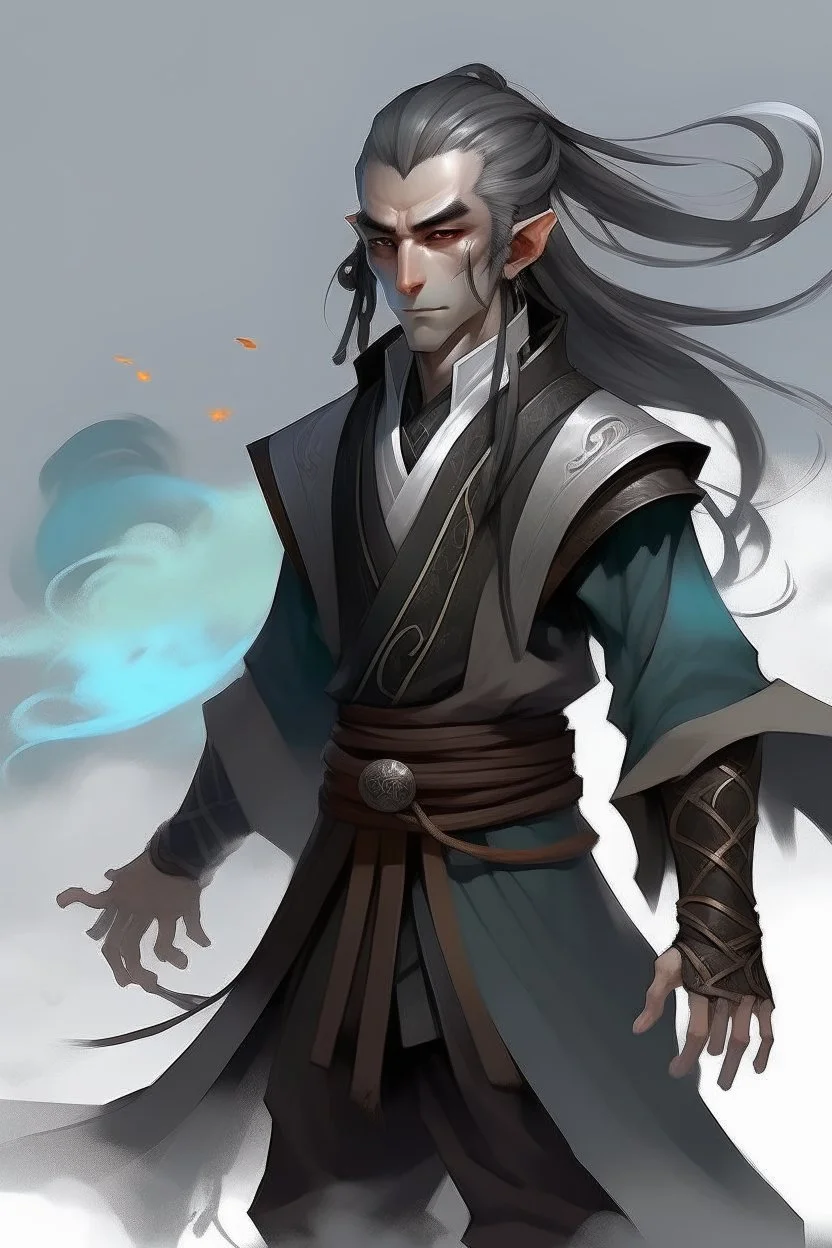 A young Air genasi from dnd with ashesen skin and asian flowing hair herematerial smoke Monk attire with ash giant Black Smoke Some hair Which Moke around him Ashes skin