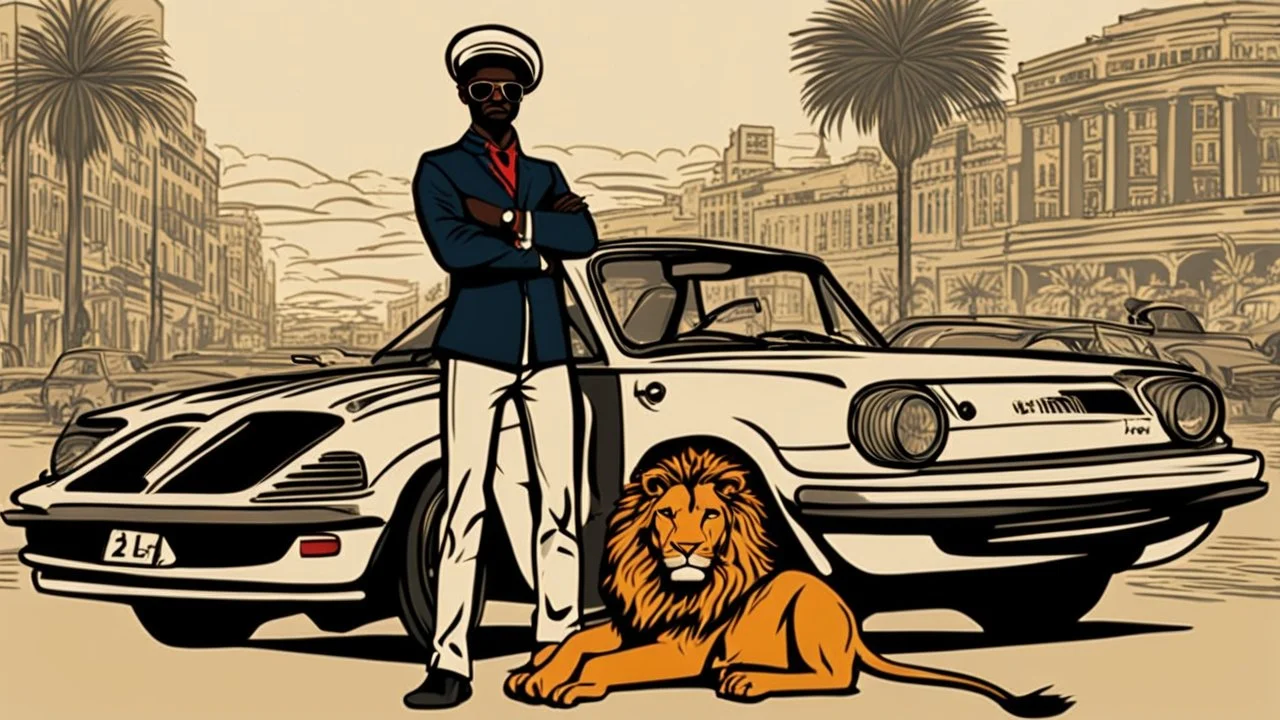 "I'm envisioning a sensational poster for '<Achayo> Vintage Rally Racing: Car vs. Lion Showdown.' The backdrop should showcase an Ethiopian cityscape, providing an urban setting for the vintage rally action. In the foreground, a stylish vintage rally car stands ready, its driver geared up for the ultimate showdown. Next to the car stands a majestic lion, symbolizing the power and strength of nature. Use earthy tones for the city background, vibrant colors for the rally car, and natural tones for