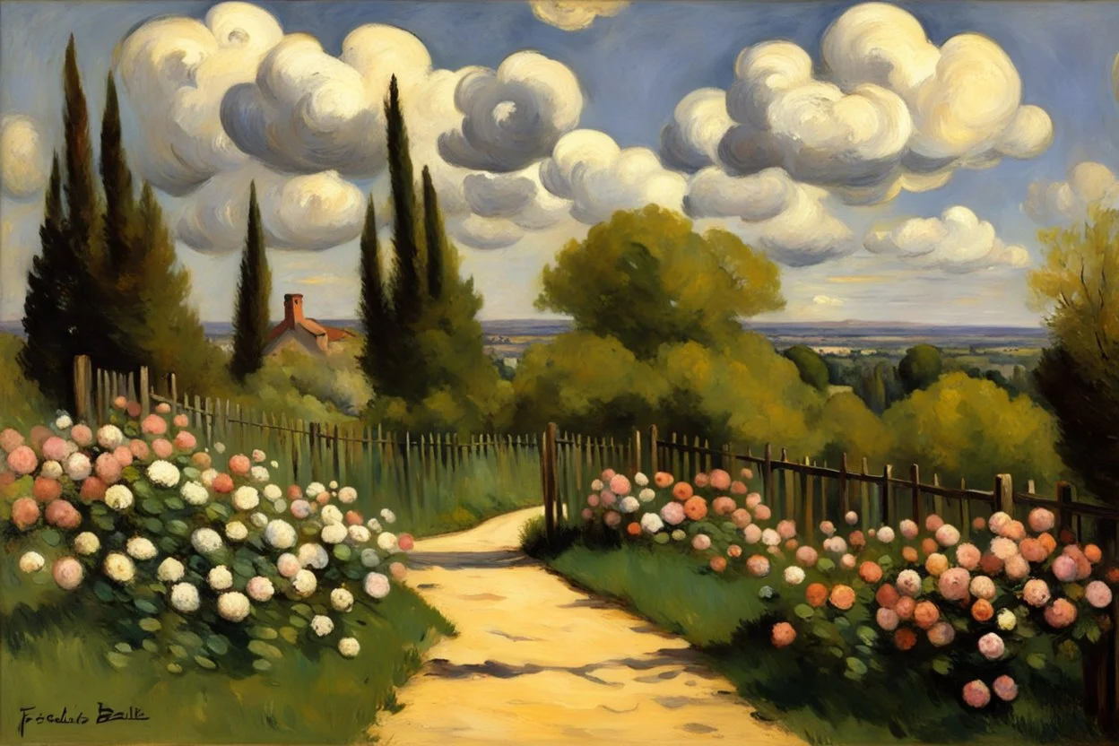 Clouds, spring trees, little pathway, fence, flowers, frederic bazille impressionisn painting