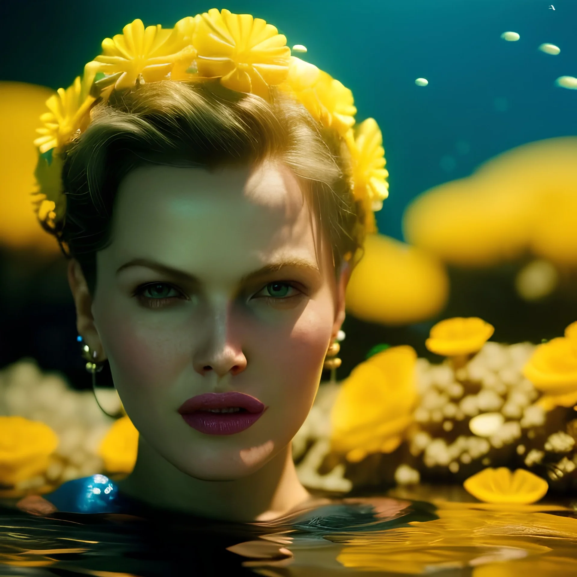 eva herzigova underwater with yellow flowers for hair, closed eyes, rtx, reflection, 8k, glow, winning photography, caustics