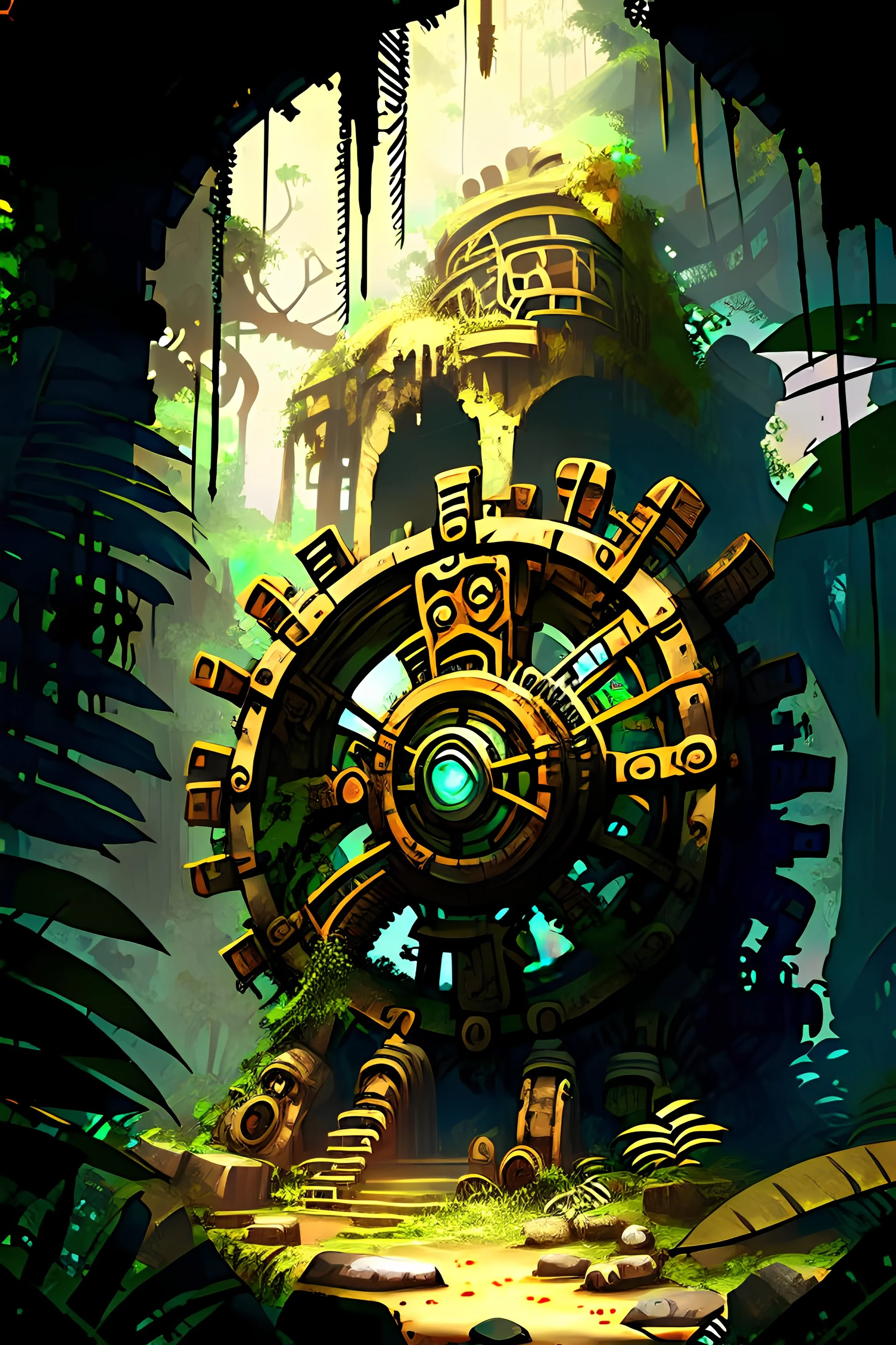 Jungle adventure ruins with huge steampunk gears painterly rpg art