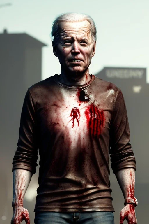 Ultra realistic image, joe biden zombie, zombie performance, blood, torn arm, night, walking twisted, waist up view, walking dead style, dark ambient, highly detailed, sky background, concept art, unreal engine 5, god rays, ray tracing, RTX, lumen lighting, ultra detail, volumetric lighting, 3d, finely drawn, high definition, high resolution.