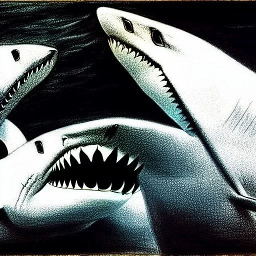 Epic Drawing of Great Whites Sharks underwater By Caravaggio, By Rafel ,By michelangelo 8k