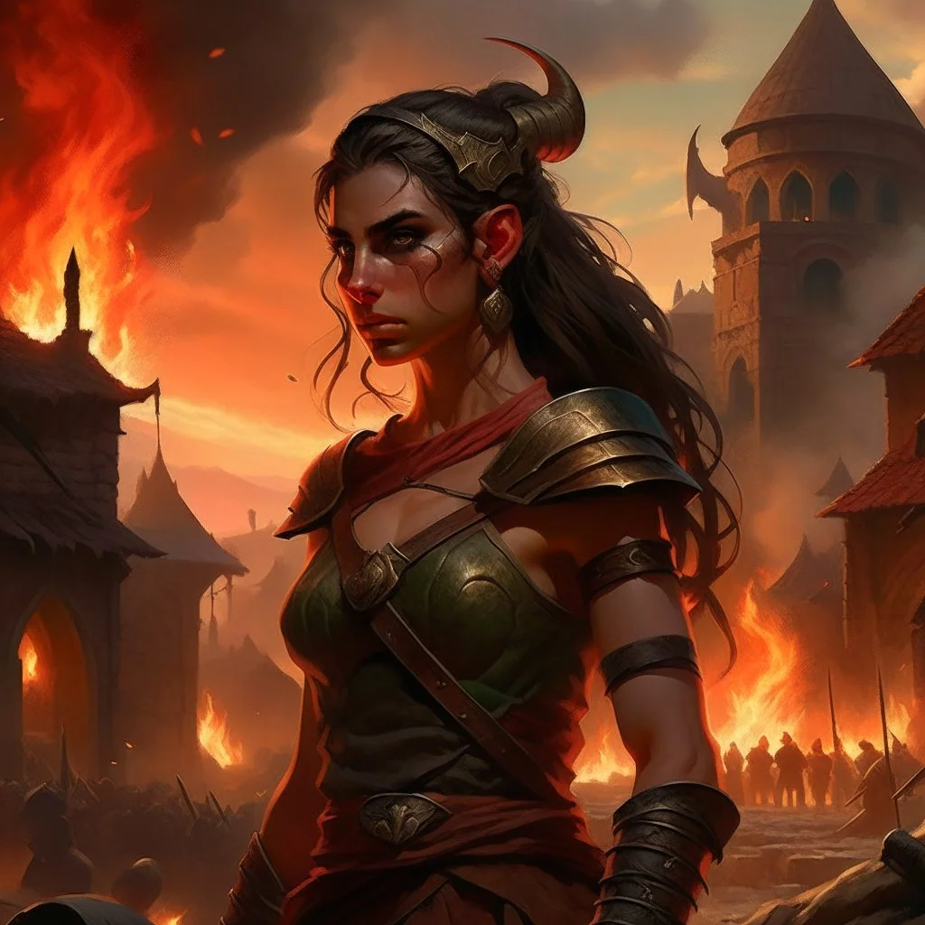 a beautiful dark haired tiefling woman, dressed in a sleeveless battle outfit, watching the burning ruins of a medieval town, bare shoulders