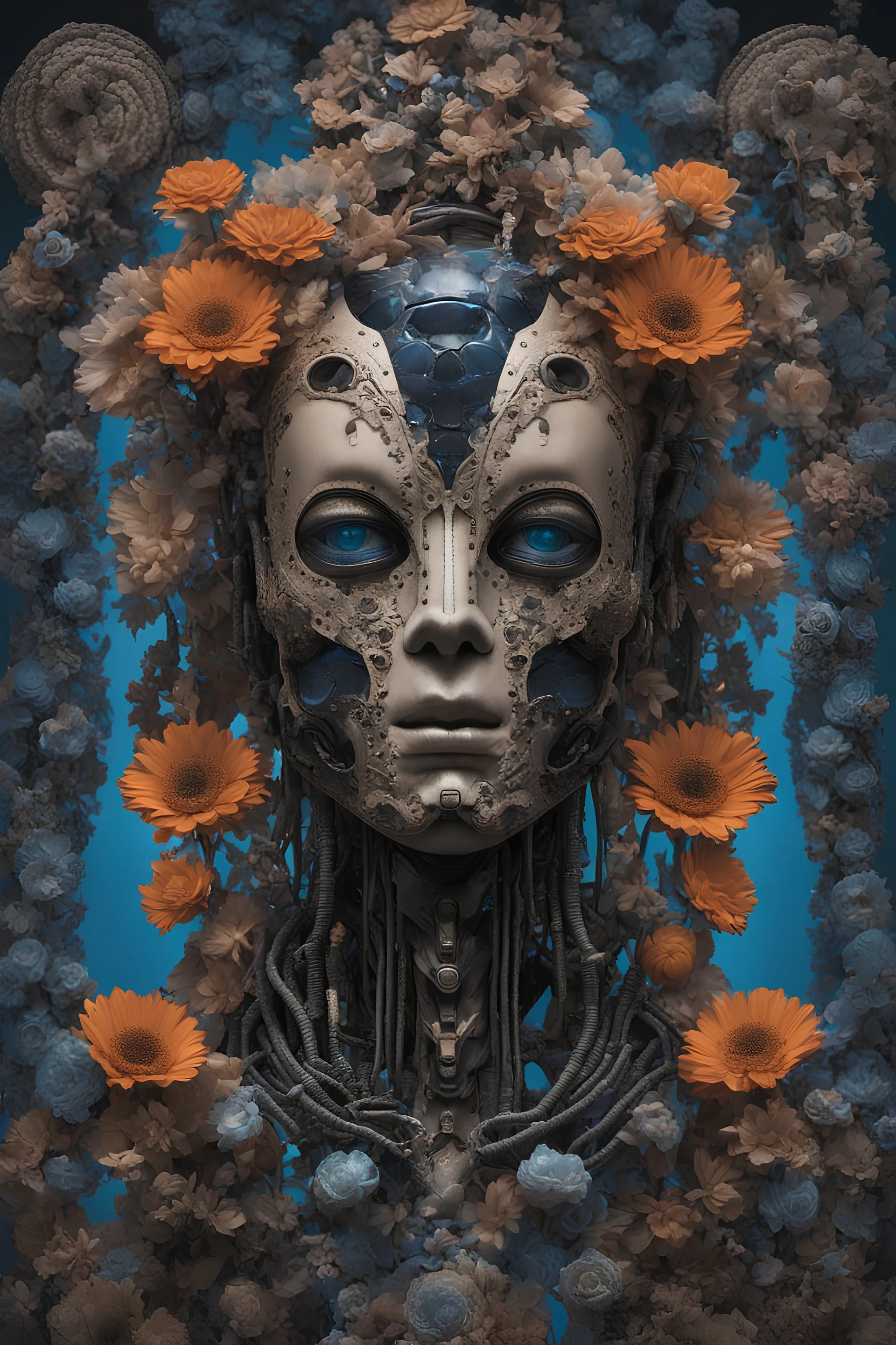 Collage of different colorful material shaping a Giger-like half human half robot, with lights on its head. The flowers around are made out of pure blue and brown velvet