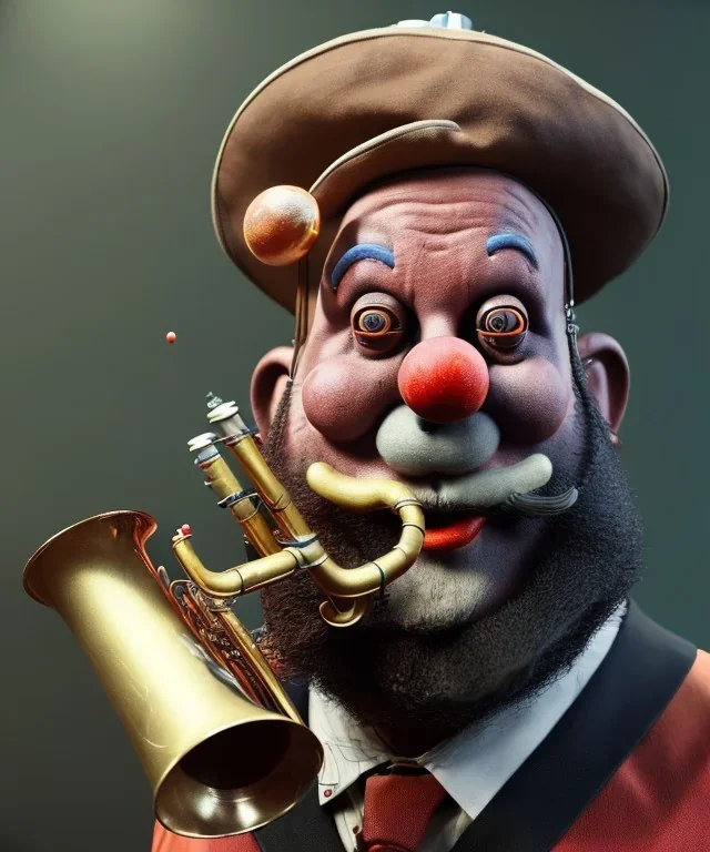 mechanoid old friendly fat clown with trimmed beard playing jazz with a steampunk theme, trumpet, realistic