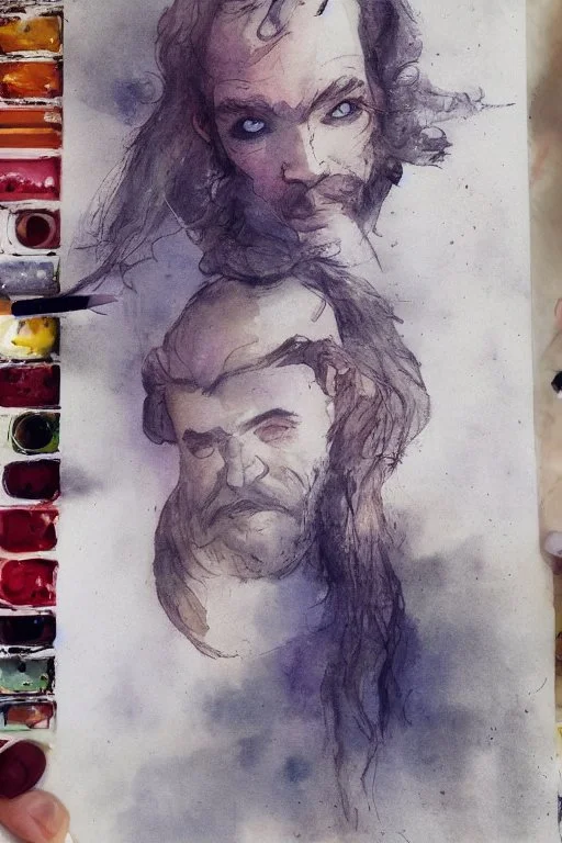 portrait, watercolour, realistic, illustration, dnd, dwarf, ghost, ethereal, lapis, see-through, transparent