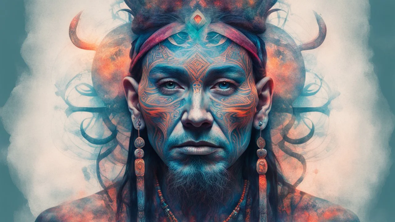 portrait of a Shaman, mysticism, isoteric, sinister, witchcraft, tattoo, bright colors, double exposure, subtle drawing,