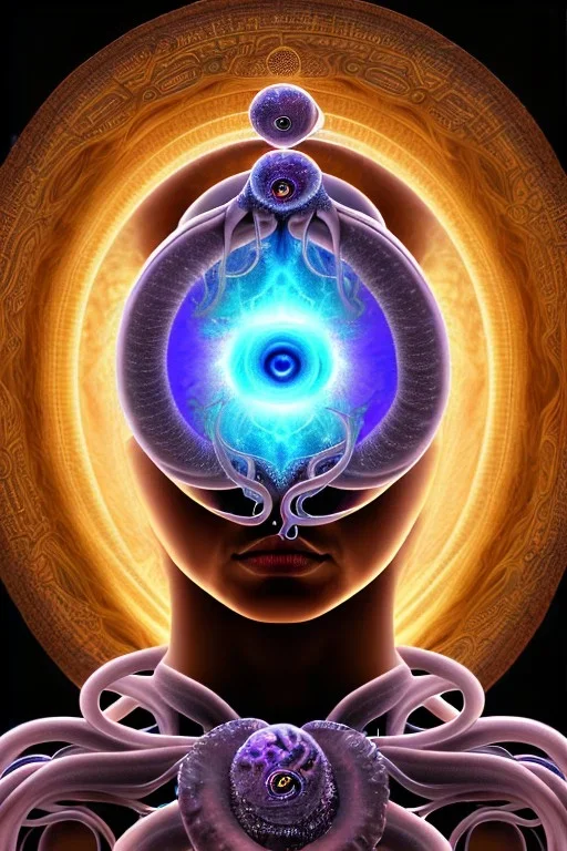 Spiritual being with Tentacles over human Head creating reality around, wrapping Spiral around Human, Psychedelic