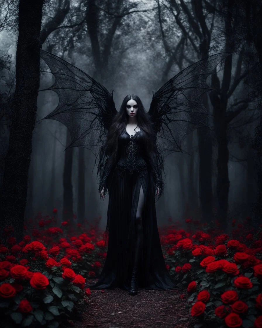 Facing front photography Gothic Art Style realistic Full body,creepy Vampire ghost woman long hair straddle wings bat she on walk on creepy,in dark night mystery forest,red roses flowers sorrounded background,dramatic angle, extreme angle shot, trypophobia, horror